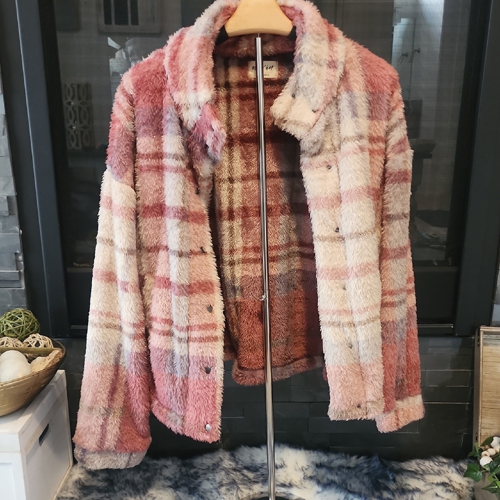 Cozy Pink and Cream Plaid Teddy Jacket